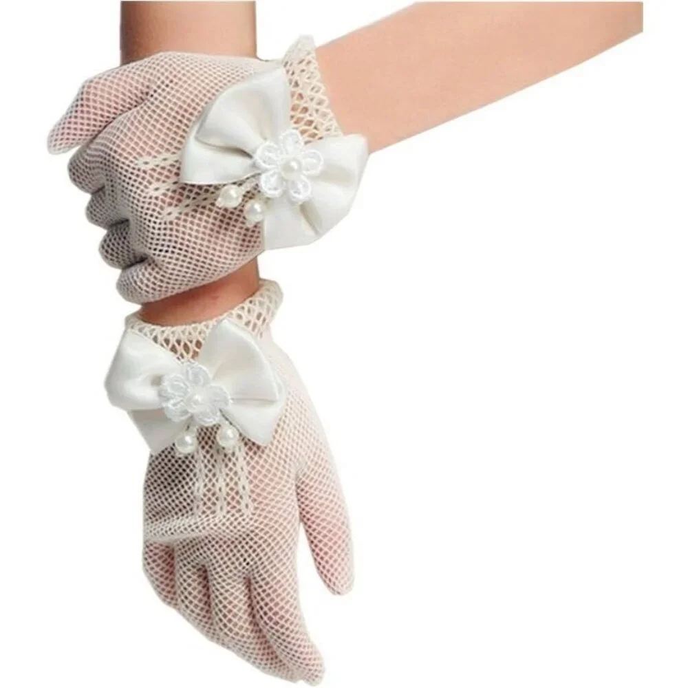 Women's White Pearl Flower Bow Tie Fish Net Gloves Wedding Party Prom